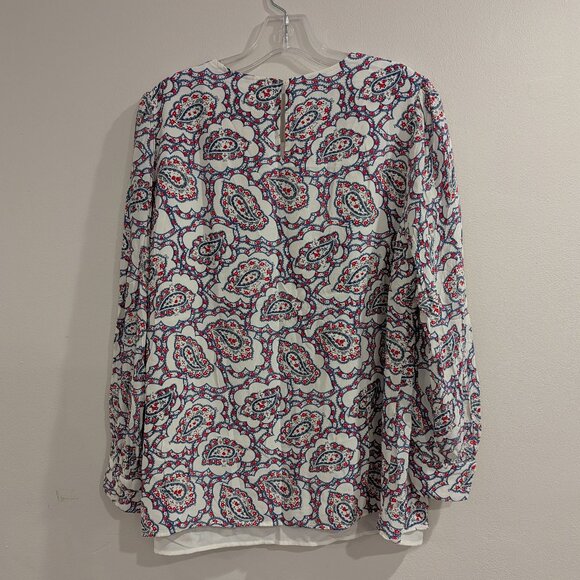 TALBOTS Pintuck Yoke Blouse 1X Paisley White Red Navy Blue Long Sleeve - Picture 6 of 13
